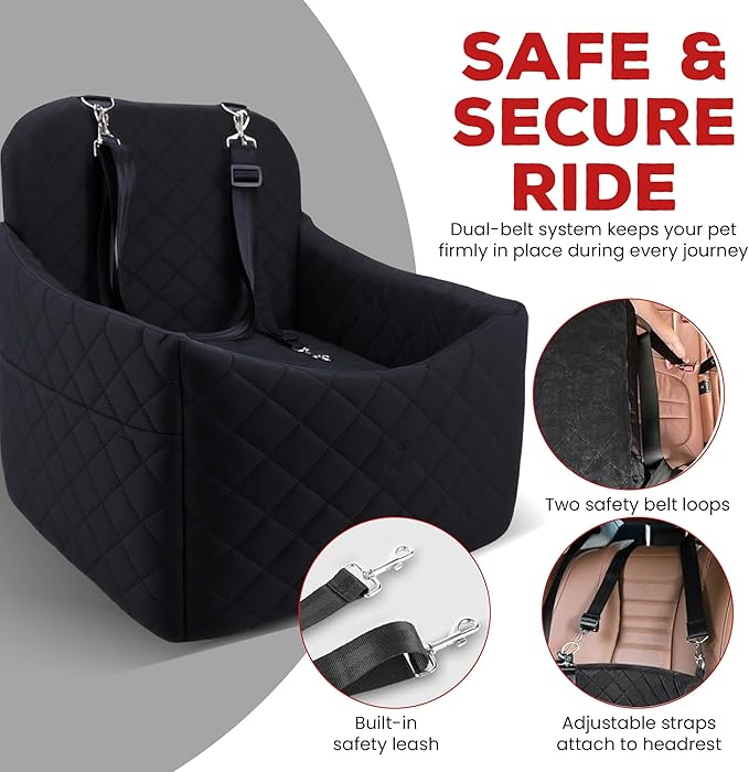 Elevated Dog Car Seat for Small/Medium Dogs up to 35 lbs, Memory Foam Pet Booster Seat with Detachable Washable Cover, Portable Travel-Safe Bed for Cars with Safety Belts and Storage Pockets