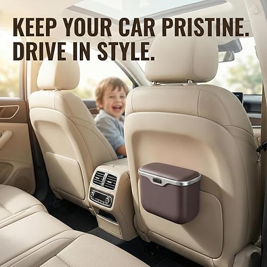 Car Trash Can with Lid - Leakproof Hanging Car Garbage Bin for Door & Seat Back - Waterproof Auto Trash Bag & Multifunctional Storage Organizer for SUV, Truck, Sedan (Brown)