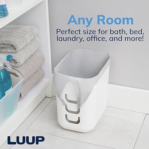 STORi Luup Bathroom Wastebasket 2pk, Secure Grocery Bags, Plastic Garbage Container for Vanity, Laundry Room, Kitchen, Office, 2.5 Gallon, White, Made in USA