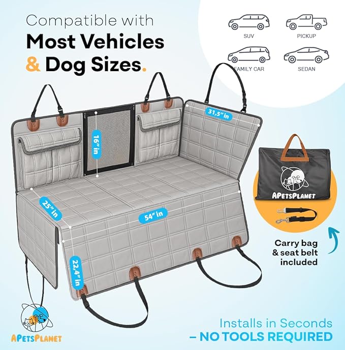 APetsPlanet Backseat Extender for Dogs, Dog Seat Cover Hard Bottom for Car Backseat & Truck Travel Bed, Platform Hammock Mat Converts Rear Seat Into Backseat Bed, Grey Leather with Door Covers
