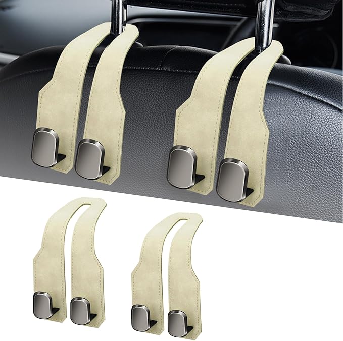 Car Seat Headrest Hooks for Purses and Bags, 2 Pack Bag Purse Holder for Car With Double Metal Hooks, Car Purse Hanger, Headrest Back Seat Handbags Hook Cute Hanging Accessories, Beige