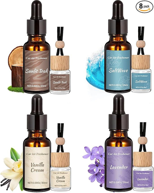 Car Air Freshener & Refill Set, 4-Scent Hanging Air Freshener Diffuser - Each(8ml +20ml Refills), Natural Essential Oil Diffuser With Refill Bottles, Reusable Car Fragrance Decor Accessories(8 Pack)