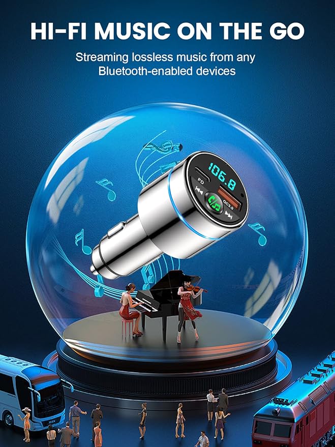 RIWUSI FM Transmitter for Car Bluetooth 5.3, [All-Metal] PD 30W & QC3.0 18W Fast Car Charger, Wireless FM Radio Kit Bluetooth Car Adapter, Noise Cancelling Hands-Free Call, Blue Light - Silver