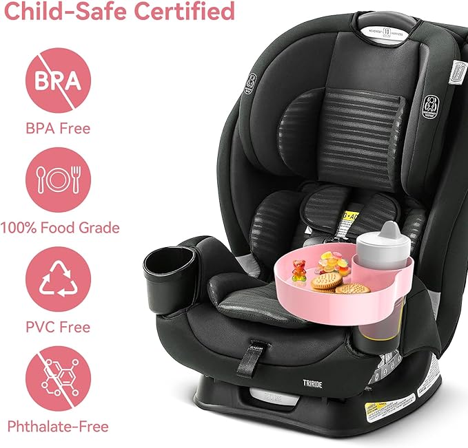 Kids Car Seat Cup Holder Snack Tray - Toddler Travel Essentials for Mess-Free Snacking on Road Trips, Travel Accessory Compatible with Safety Seats & Strollers Console, Pink