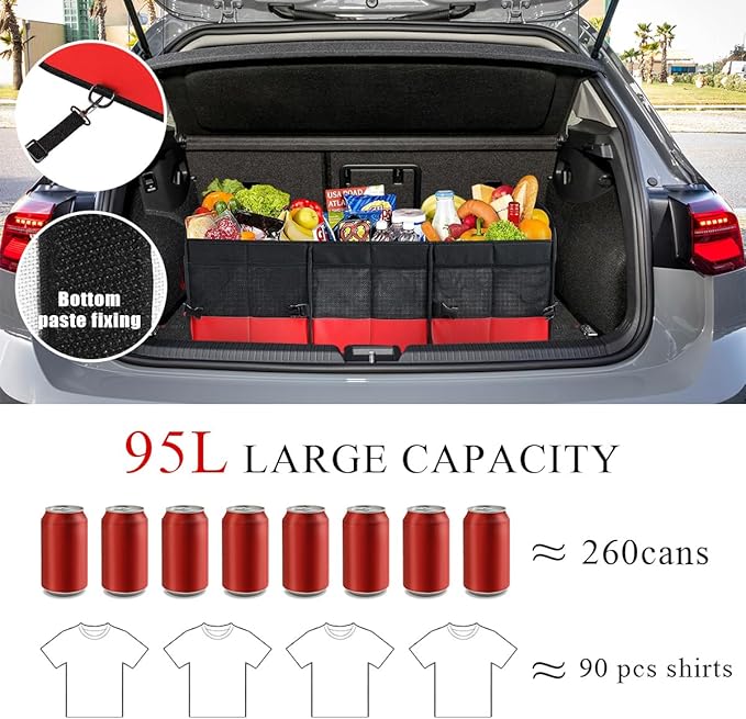 Large Organizer for Car, 95L Stretchable Storage Trunk Organizer with Divided Compartments, Fixed Big Trunk Organizer with Handles & Adjustable Straps, Car Accessories (Black & Red)