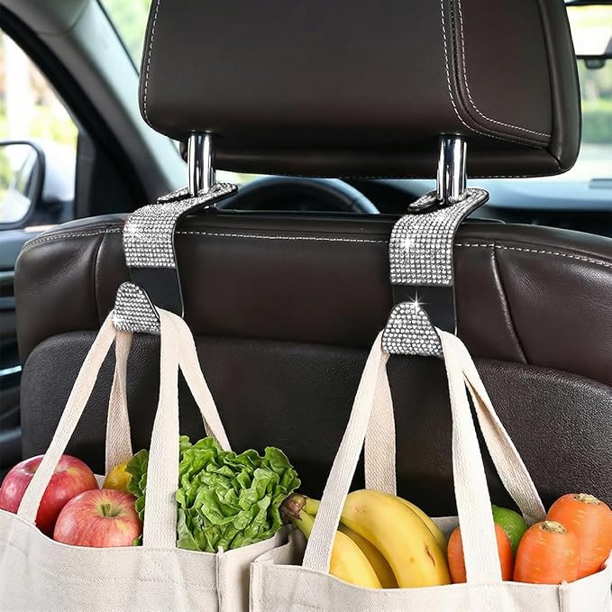 4PCS Bling Car Seat Headrest Hooks, Crystal Rhinestone Vehicle Purse Handbag Coat Hangers Holder, Automotive Interior Storage Organizer Accessories for Women Girls, Universal Fit (White)