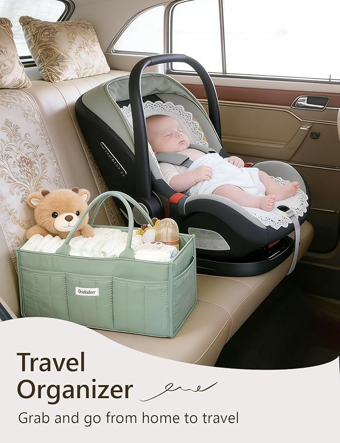Baby Diaper Caddy Organizer, Portable Nursery Storage Basket for Newborn Essentials, Changing Table & Car Caddy Organizer, Gift for Baby Shower, Registry Must-Have for Boy Girl, Green