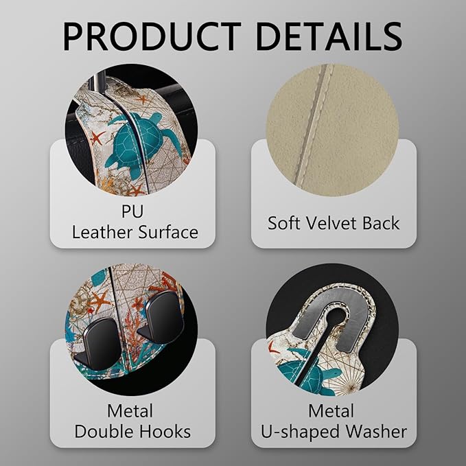 Blusabaca 2PCS Car Seat Back Storage Headrest Hooks, Sea Turtle Purse Holder Bags Hanger, PU Leather Double Metal Hook for Backseat Organizer, Women Car Accessories Organization