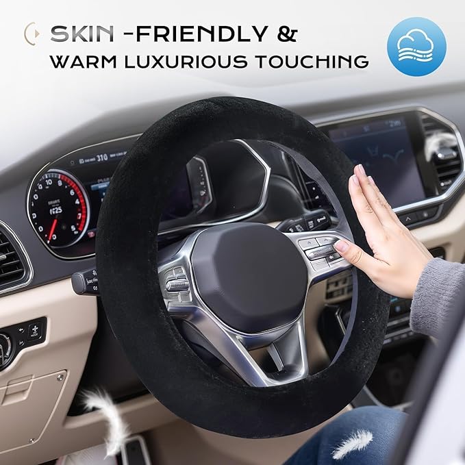 Coverado Winter Fluffy Steering Wheel Cover, Upgraded Anti-Slip Fuzzy Furry Car Steering Wheel Cover, Universal 14-15 inch, Soft Plush, Warm, No Odor, Luxurious Decoration for Women Men (Black)