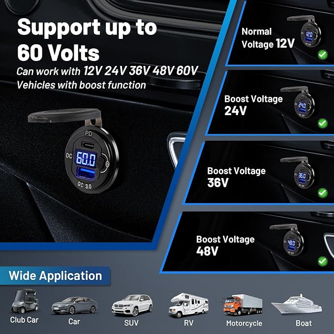 Anina Club Car Charger 12V 24V 36V 48V 60V 30W PD QC 3.0 Dual Port Type C Charger Fast Charging High Voltage USB Outlet for Club Car Boat Marine Bus Truck Golf RV Motorcycle