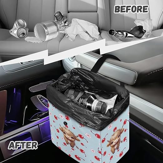 Car Trash Can Leak Proof Auto Trash Bag Hanging Vehicle Garbage Can Multipurpose Storage Container for Back Seat Car Accessories, Cherry Floral Highland Cattle Print