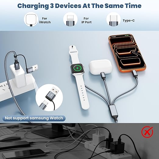 3 in 2 Multi Charging Cable for iWatch Charger/IP/USB C,Travel Cruise Essentials,Braided USB A/C Cable Designed for Multiple Devices,Compatible with iWatch Ultra/SE/11-1 & iPhone 17-11,Gray(5FT)