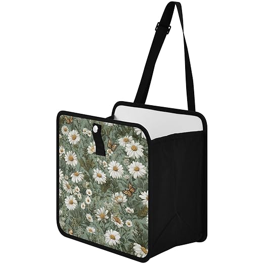 Car Trash Can Organizer Bin with Adjustable Strap for Back Front Seat Console Waterproof Leakproof Collapsible Portable 11 Inch Summer Daisy Butterfly Green