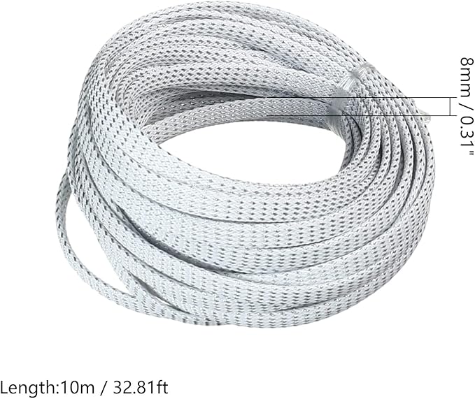 Aicosineg 32.81ft PET Flexible Braided Cable Sleeve 0.25inch Width Wire Loom Sleeving and Organizer Flexible Wire Mesh Sleeve Wrap Protector for TV Audio PC Cords from Pets Chewing Silver