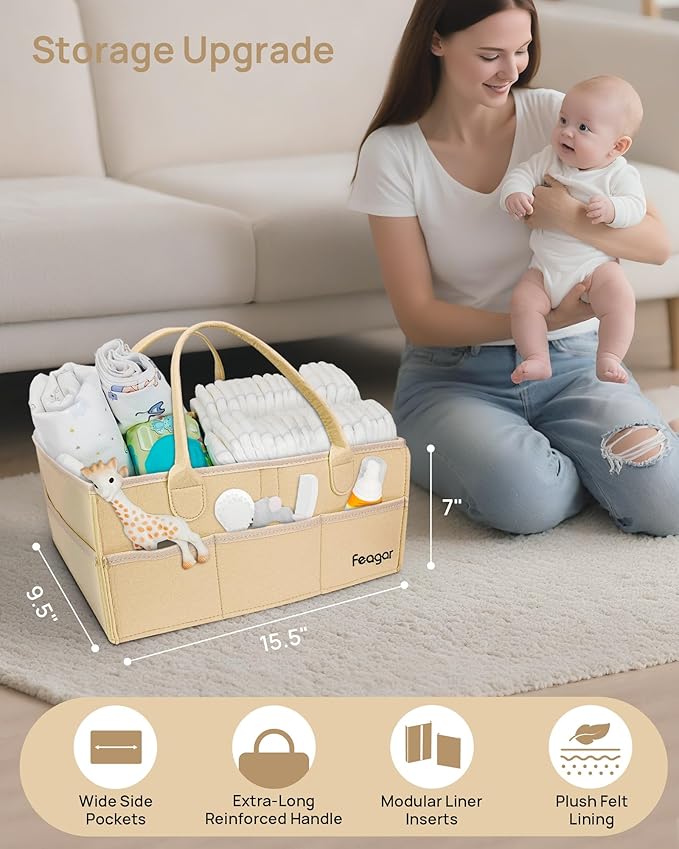 Feagar Baby Diaper Caddy Organizer, 15 Inch Large 2 Pack Set with 8 Pockets & 2 Dividers, Portable Nursery Storage Basket & Car Organizer for Changing Table, Travel (Khaki)