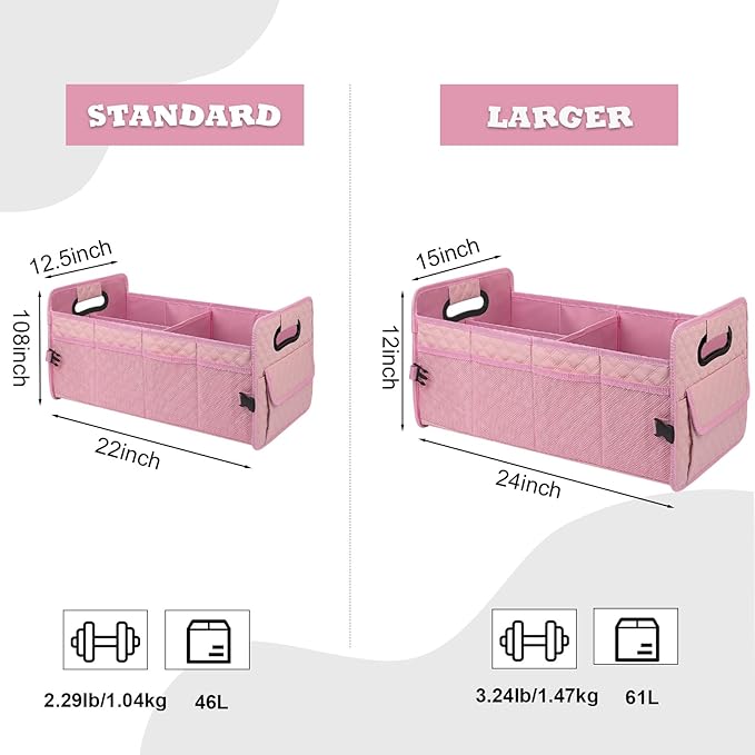 JiatuA Car Trunk Organizer for SUV, Car Storage Organizer Collapsible Multi Compartment Container Box, Adjustable Car Accessories for Women/Men, Large Pink