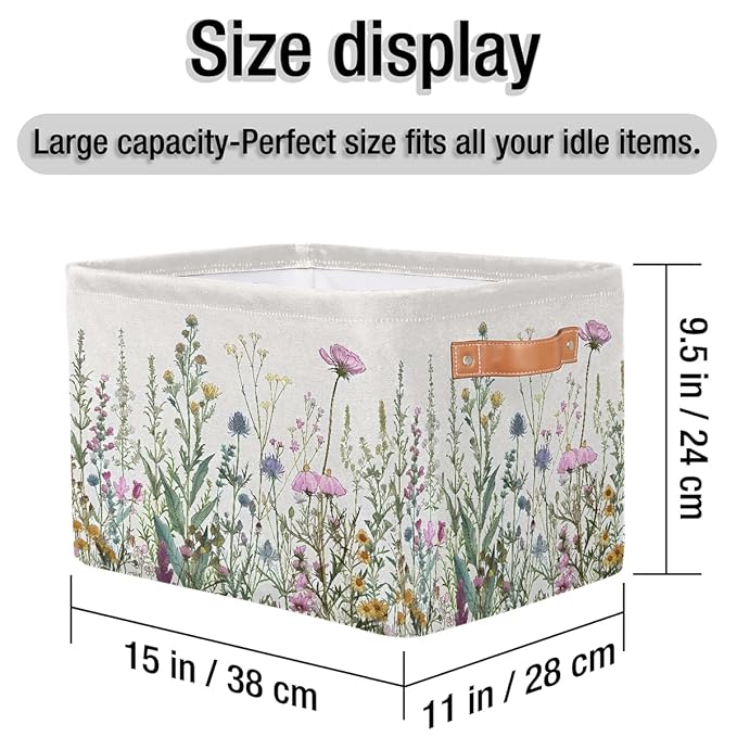 Wildflowers Plants Storage Baskets for Organizing, Fabric Collapsible Storage Bins Box Spring Esthetical Decorative Toy Organizer Baskets for Closet Shelves Gift Basket 2Pcs