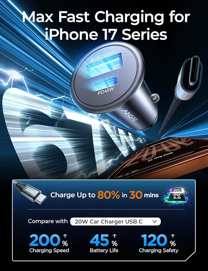 AINOPE 67.5W Car Charger USB C Fast Charge for iPhone 17 Pro Max, PD 45W USB C Car Charger Fast Charging【Mini &Metal】Cigarette Lighter Adapter USB-C Charger for Samsung Galaxy S26 S25 for iPhone16 15