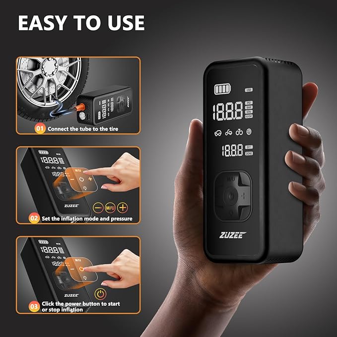 ZUZEE Tire Inflator Portable Air Compressor - 4X Faster Inflation, 150PSI Air Pump for Car Tires with Digital Pressure Gauge/LED Light, Portable Tire Inflator for Car, Moto, Bike, Ball, etc(Black)