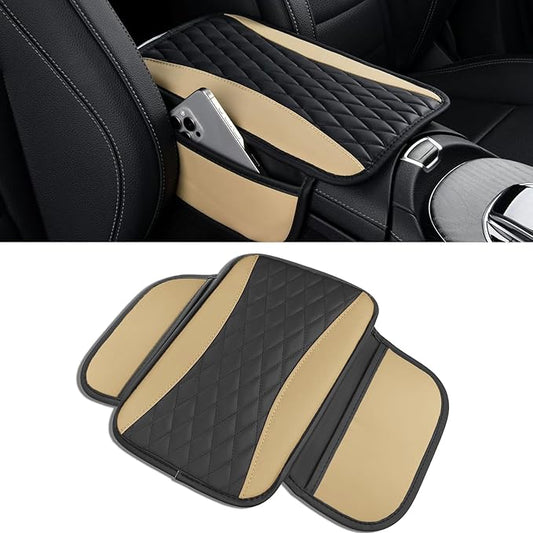 Leather Car Center Console Cover with Side Pockets, Upgraded Arm Rest Cover for Car Seat Organizer, Middle Console Cover Stylish Car Decoration, Universal for Most Vehicles (Beige)