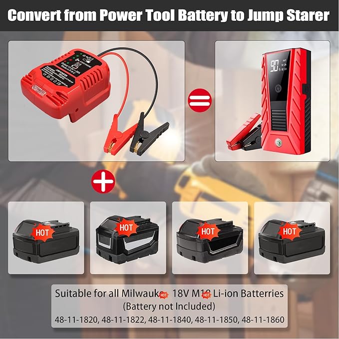 Jump Starter Adapter for Milwaukee 18V Li-ion Battery Powered with Jumper Cable Clamps Portable Car Battery Charger Jump Starter(Battery Not Included)