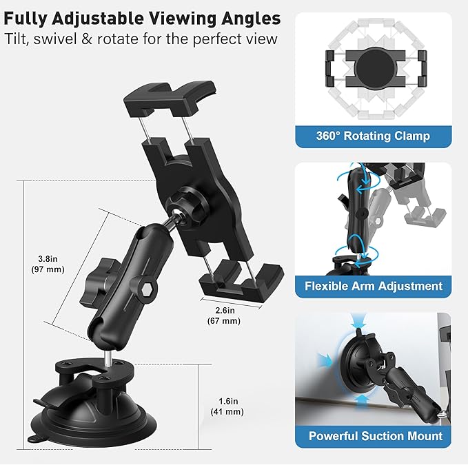 Heavy Duty Aluminum iPad Suction Mount for Truck Car, Anti-Shake Dashboard Windshield Tablet Holder, Thick Case Friendly, Fits 4.7-12.9" iPad Pro 12.9 Air Mini Samsung, 360° Rotation Off-Road Aviation