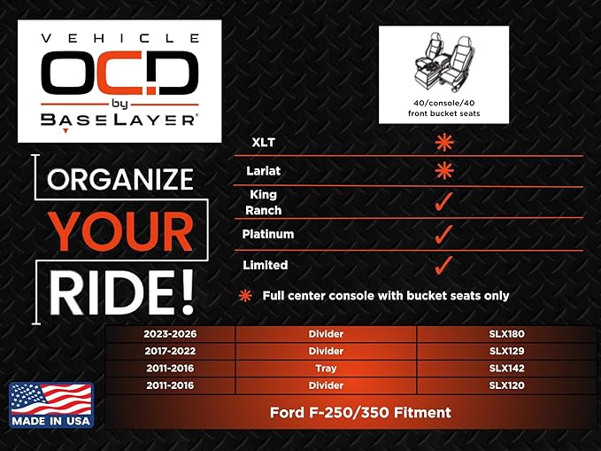 Vehicle OCD - Center Console Organizer for Ford F250/350/450 SuperDuty (2017-2022) and Expedition (2018-2024) (Full Console w/Bucket Seats ONLY) - Made in USA - SLX129