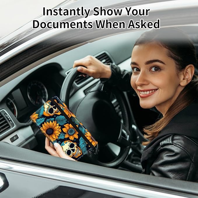 Car Registration and Insurance Card Holder, Vehicle License Documents Glove Box Compartment Organizer Wallet, ID Card Holder for Car Essentials Automobile, Skull And Sunflowers