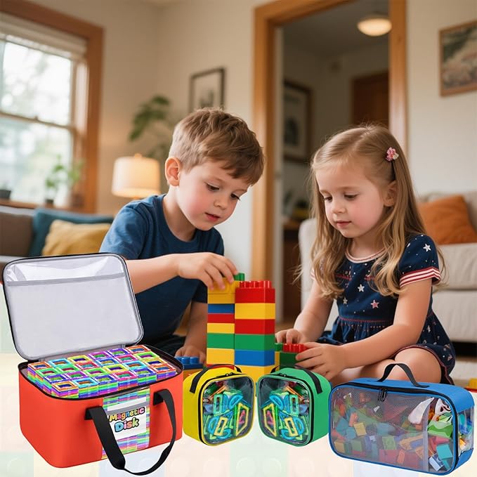 4 PCS Toy Storage Bags, Magnetic Tiles Bag With Visual Top Flap, Label Pocket and Mesh Pockets Fit for LEGO, Building Blocks, Magnetic Tiles, Toy Cars