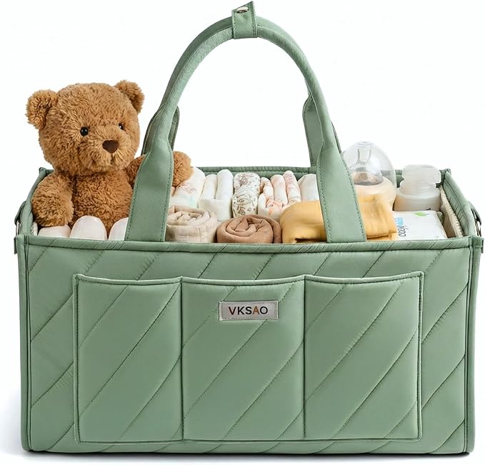 Baby Essentials Diaper Caddy Organizer – Portable Storage Basket with Shoulder Strap & Stroller Hooks, Splashproof Quilted Nursery & Car Tote, Gender Neutral Gifts for Baby Shower, Sage Green