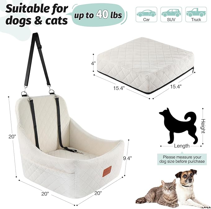 Lealchum Dog Car Seat for Medium Dogs Up to 40lbs,Easy to Install with Adjustable Straps,Anti-Slip Base,Fully Detachable and Washable,Soft Fabric Fill in Memory Foam,2 Side Pockets(Beige,Medium)