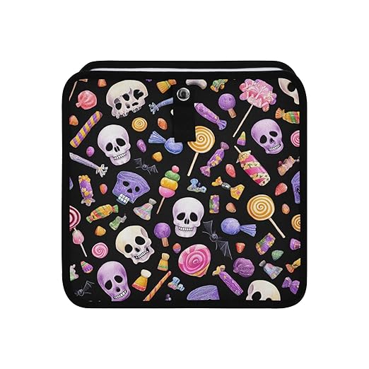 Car Trash Can Organizer Bin with Adjustable Strap for Back Front Seat Console Waterproof Leakproof Collapsible Portable 8.66 Inch Halloween Skulls Lollipops Candies