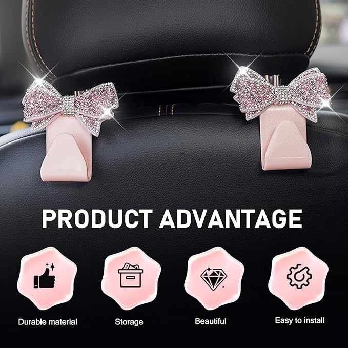 2 PCS Bling Car Seat Headrest Hooks, S Type Crystal Rhinestone Bow Vehicle Seat Back Storage Hooks for Purses Bags Groceries, Universal Diamond Car Rear Seat Organizer (Pink)