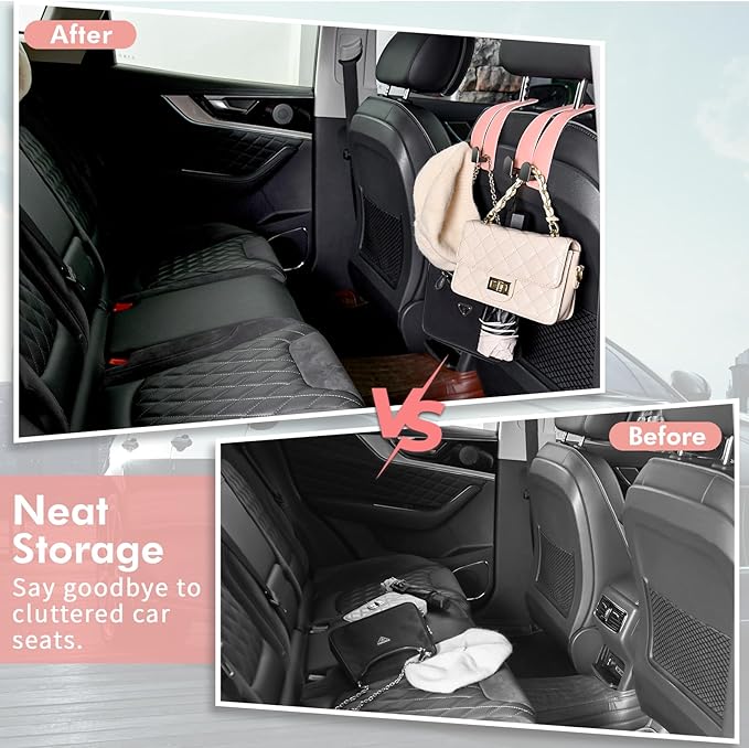 Car Hooks for Headrest, Leather Car Seat Back Storage Organizer Interior Accessories, More Wide & Deep Auto Seat Hook Hangers for Purse Umbrellas Handbag Clothes Coats Grocery Bags (Pink-2 Pack)