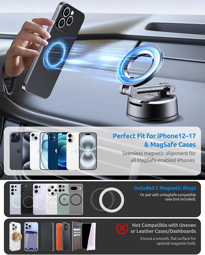Vacuum Magnetic Car Phone Holder, 360°Adjustable, Compatible with iPhone 12-17 Series & Dashboard Mount & Tesla, 80+LBS Strong Suction Cup Phone Holders for Your Car, MagSafe-Compatible (Blue)