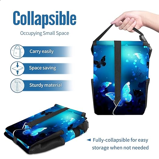 Blue Butterfly Glowing Car Trash Can with Lid Collapsible Reusable Waterproof Car Garage Bag,Automotive Garbage Can,Car Accessories Interior Car Organizer