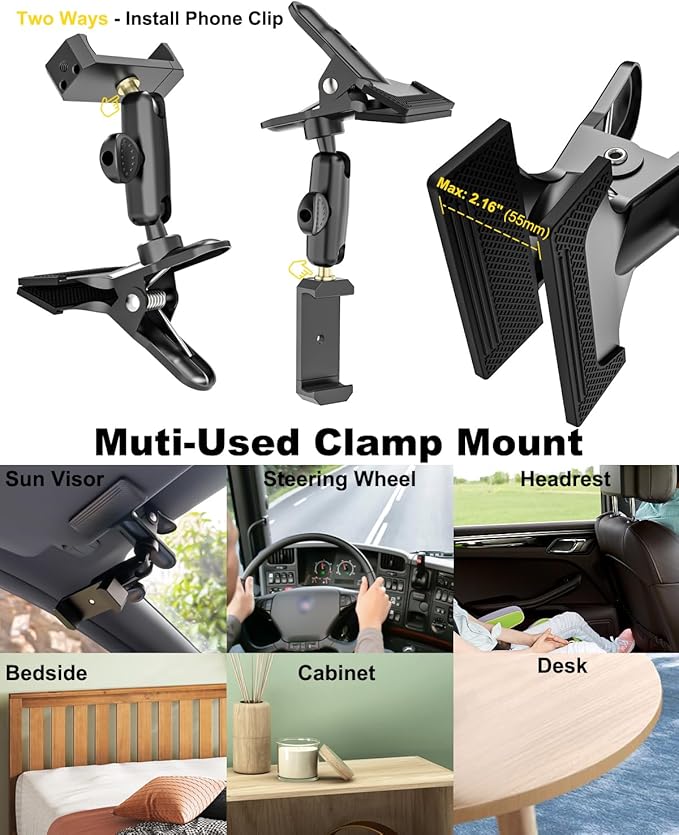 Sun Visor Car Phone Mount, Upgraded Durable All Metal - Cell Phone Holder for Car Visor, 360° Adjustable Steering Wheel Clip for iPhone 16 15 14 13 Pro Max, Glalaxy S A Serie, Z Flip,4-7" Phone