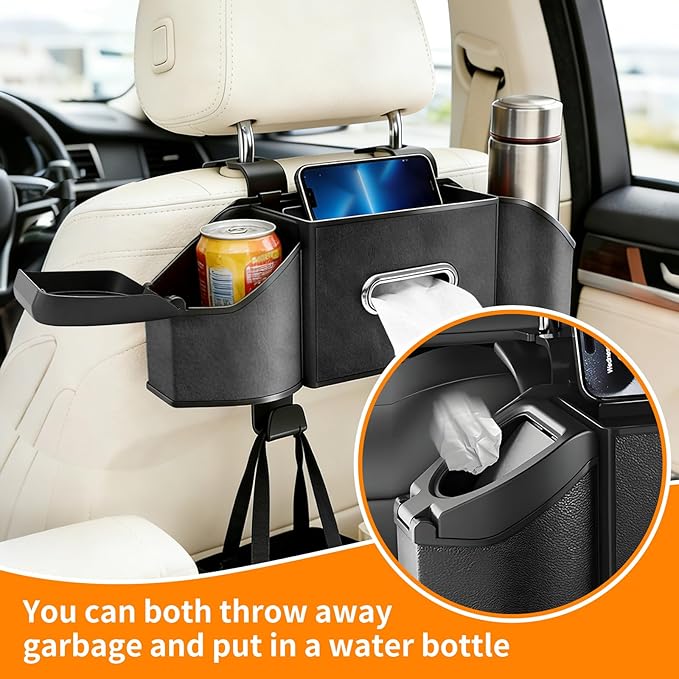 7-in-1 Multifunctional Car Seat Back Organizer, Car Back Seat Storage Box Trash Can & Cup Holder with Tissue Box, Hooks, Universal Fit for Most Cars, SUVs, Trucks (Black.)