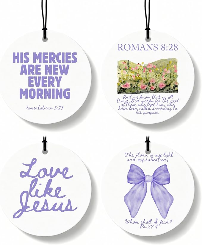 Purple Christian Round Car Air Freshener 4 Pcs, Coquette Pouple Bow Religious Hanging Air Freshener for Cars Closet Drawer Books, Christian Girly Car Accessories Mirror Decor for Women