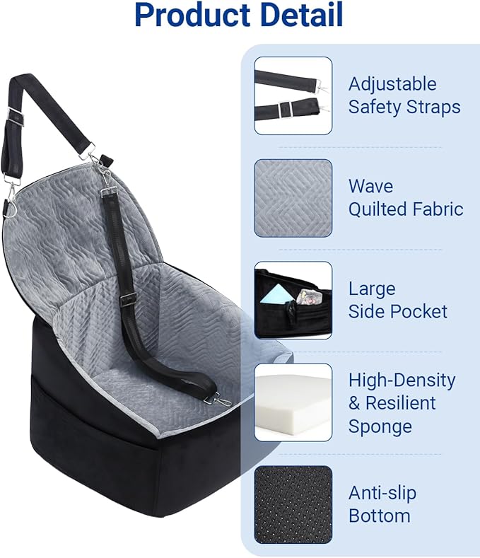 NUPIDA Dog Car Seat for Small Dogs, Dog Booster Seat with Extendable Backrest, Pet Car Seats up to 30 lbs, Washable Removable Cover Travel Bed with Storage Pockets and 2 Safety Leashes, Black&Grey