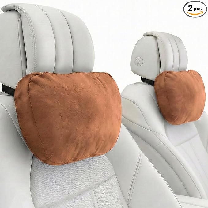 2PCS Car Pillow for Car Neck Pillow for Driving Seat Neck Support Soft Cushion Back Support Head-Rests for Vehicle Sleeping with Elastic Adjustment Strap (Brown, Head)