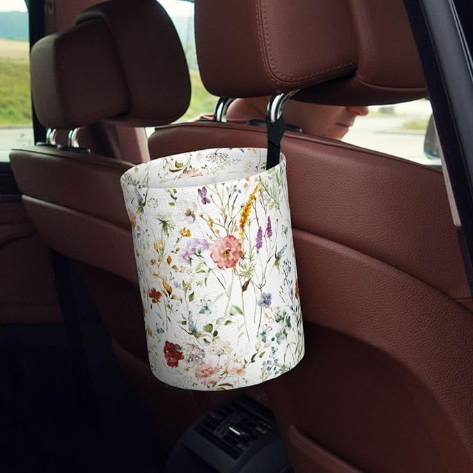 Car Trash Can Watercolor Flowers Pattern Multipurpose Collapsible Leakproof Trash Bin Car Accessories for Car Automotive Truck SUV