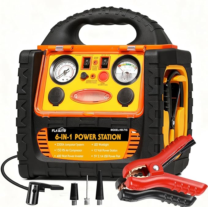 Jump Starter with Air Compressor 150PSI, Upgraded 2200A Peak 6 in 1 Portable Car Battery Booster, 12V Jump Box with 400W Inverter & AC/DC/USB Ports, for Up to 8.5L Gas/8.0L Diesel Engine