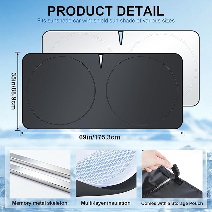 JUSTTOP 300T Double-Layer Design Universal Car Windshield Sun Shade, Foldable Reflective for Windshield & Window Shades, Car Interior Accessories (69" L x 35" W)