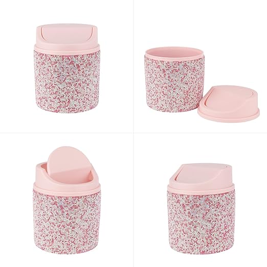 KEYPOWER Bling Rhinestone Mini Plastic Trash Can Cute Small Waste Can with Swing Lid,Suitable for Home Countertop,Car,Table Desk,Office (Pink)