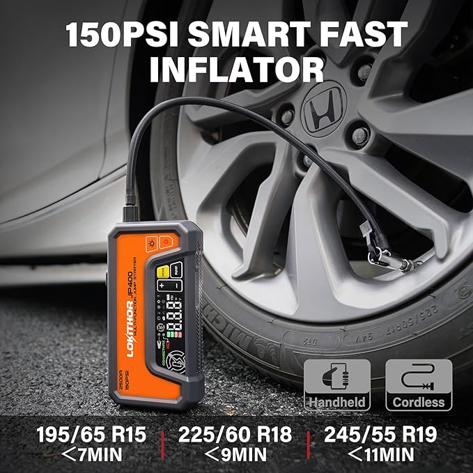 LOKITHOR JP400 Jump Starter with Air Compressor, 2500A 12V Portable Car Battery Booster Pack (8.5L Gas/6.5L Diesel) with ConnectMax Tech, 150PSI Tire Inflator, Auto-Shutoff & Dynamic Dwell (Orange)