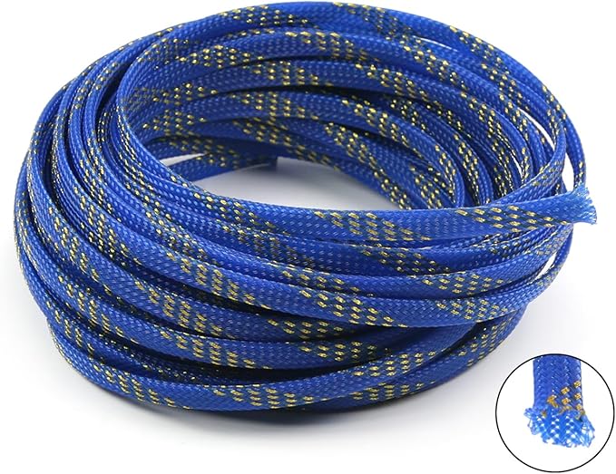 Aicosineg 32.81ft PET Flexible Braided Cable Sleeve 0.25inch Width Wire Loom Sleeving and Organizer Flexible Wire Mesh Sleeve Wrap Protector for TV Audio PC Cords from Pets Chewing Blue and Gold