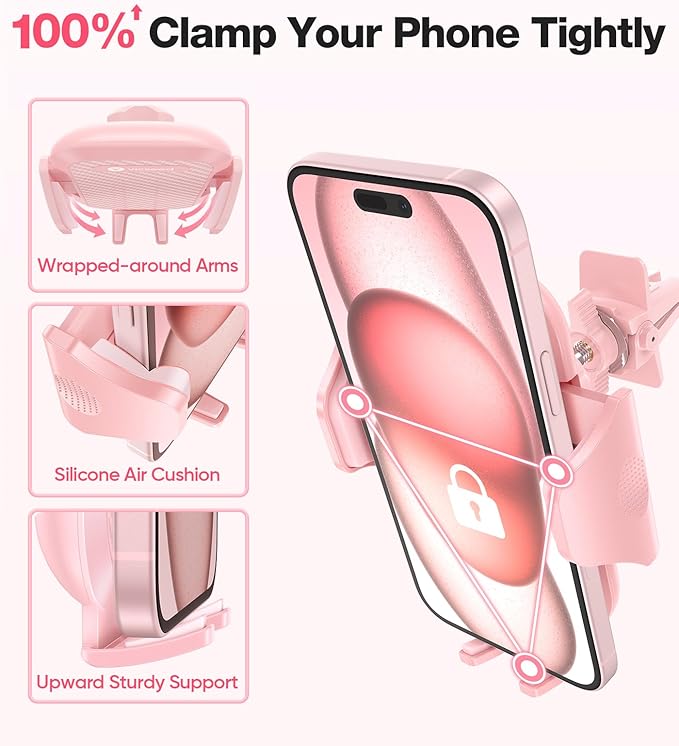 VICSEED Pink Phone Holder for Your Car [ Sturdy & Secure ] Air Vent Phone Mount for Car Hands Free Easy Clamp Cradle in Vehicle for iPhone Samsung Android Smartphone, Pink Car Accessories