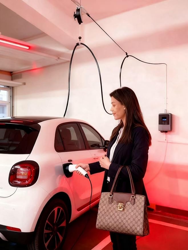 EV Charger Retractable Cord Reel, Overhead EV Charging Cable Organizer for Garage, 6.6 ft Reach, Ceiling or Wall Mount, Compatible with Tesla NACS & Most J1772 Cables