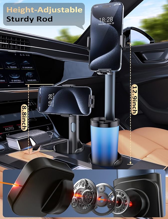 Tryone Cup Phone Holder Mount for Car: Upgrade Aluminum Adjustable Rod Cell Phone Cup Holder Stand for Auto | Truck SUV Compatible with iPhone & Samsung & All 4.0-7.0 Inches Smartphone